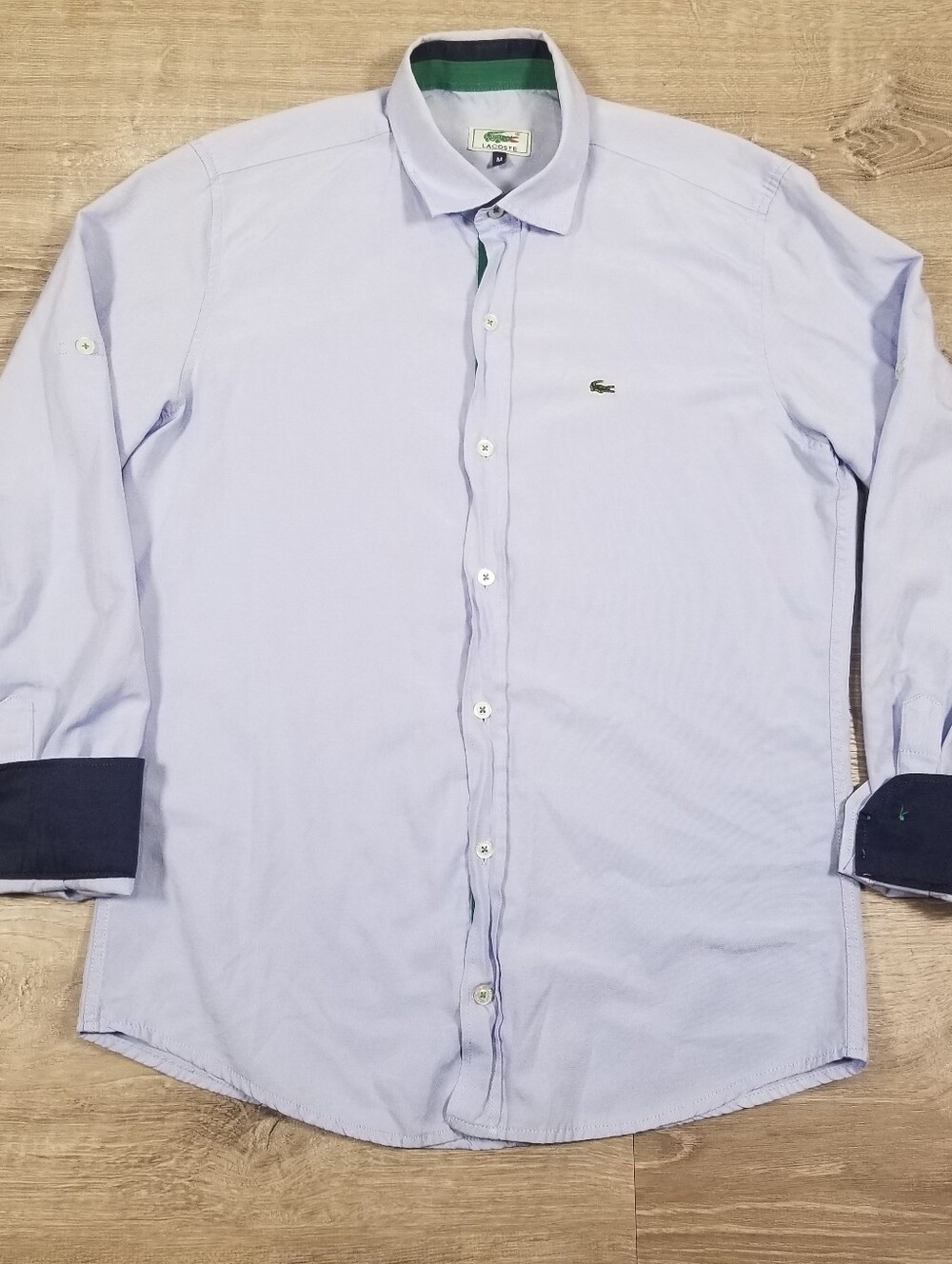 Lacoste Button Down Long Sleeve Shirt Mens Medium Slim Fit Light Blue Navy Cuffs